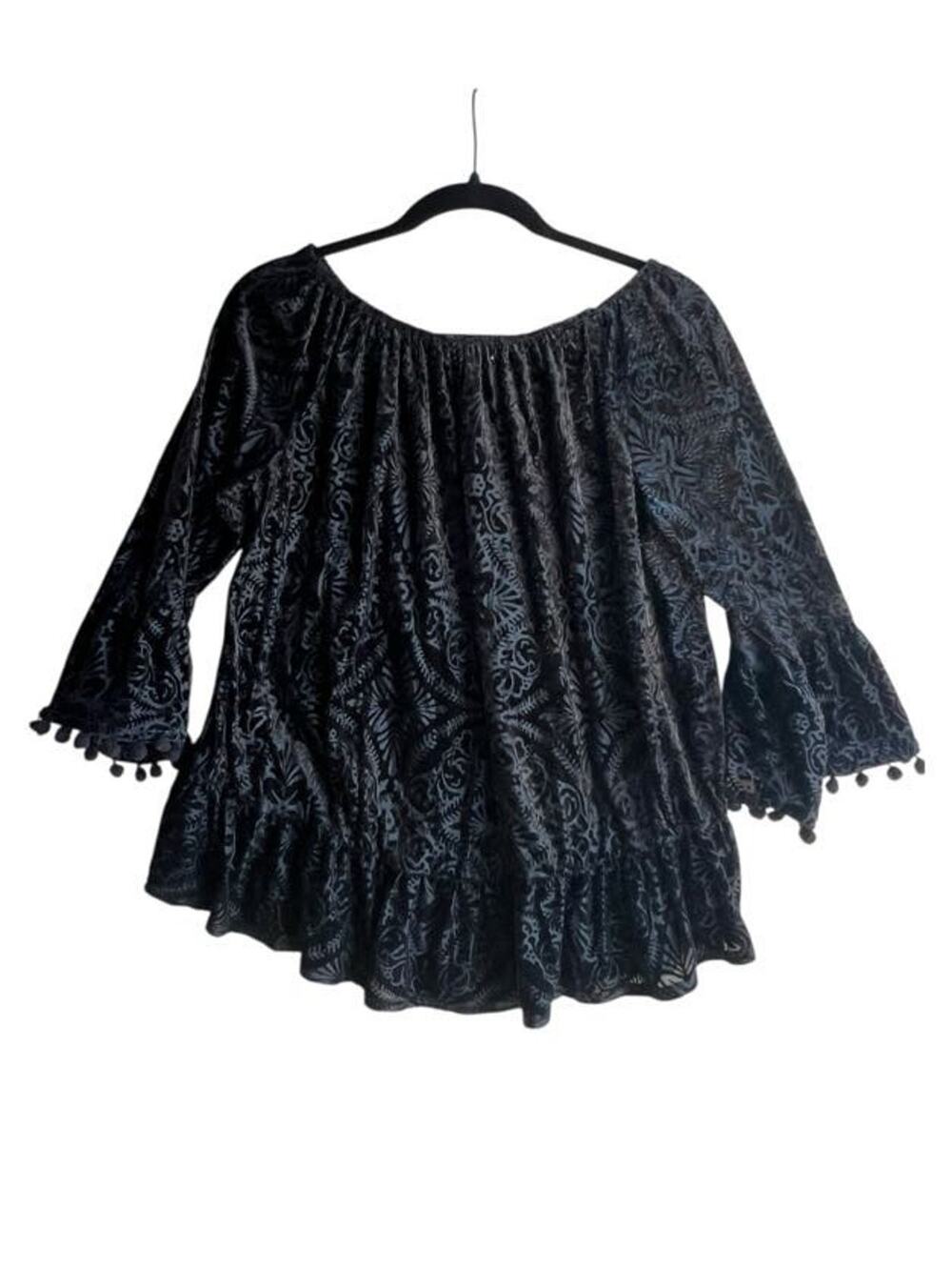 Style & Co Black Velvet Top Women’s LARGE Boho Burnout velvet Whimsygoth Fringe